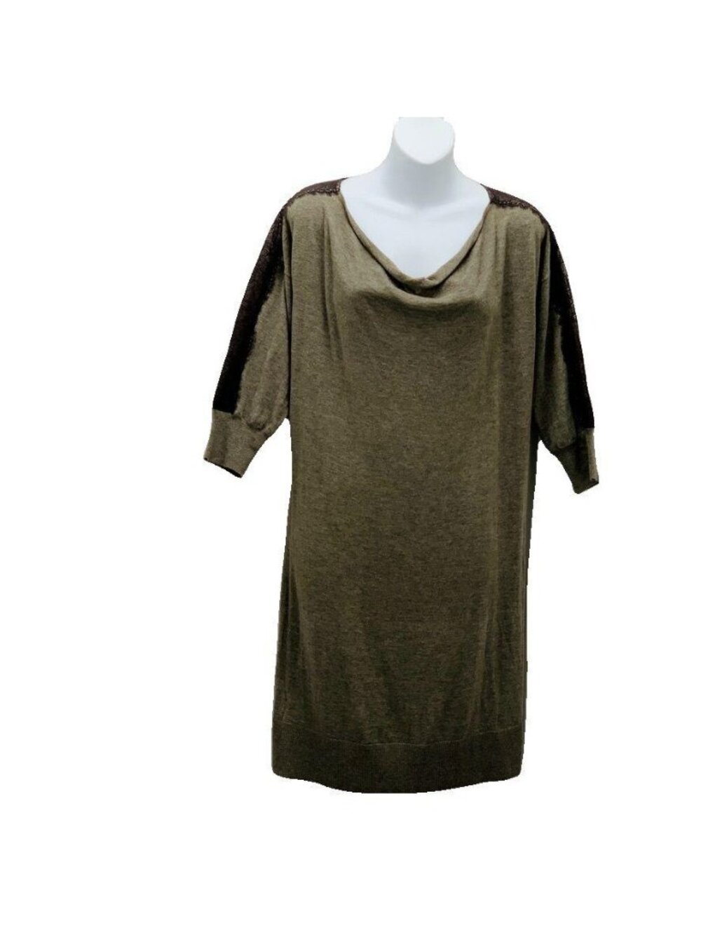 Ann Taylor Loft Brown Cowl Neck Dress With 3/4 Sleeves & Lace Shoulder Detail -